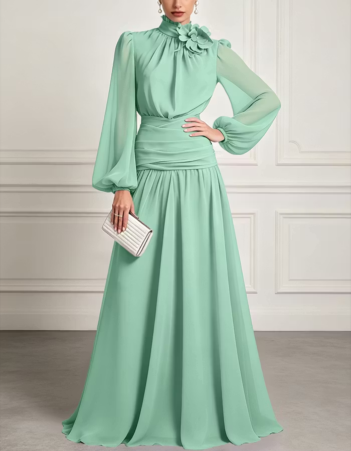 High-Neck Chiffon A-Line Maxi Dress