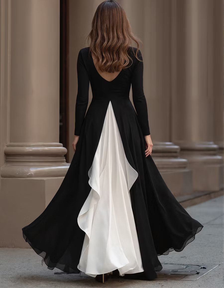 Black Contrast Stitching Long Sleeves Maxi Dress
