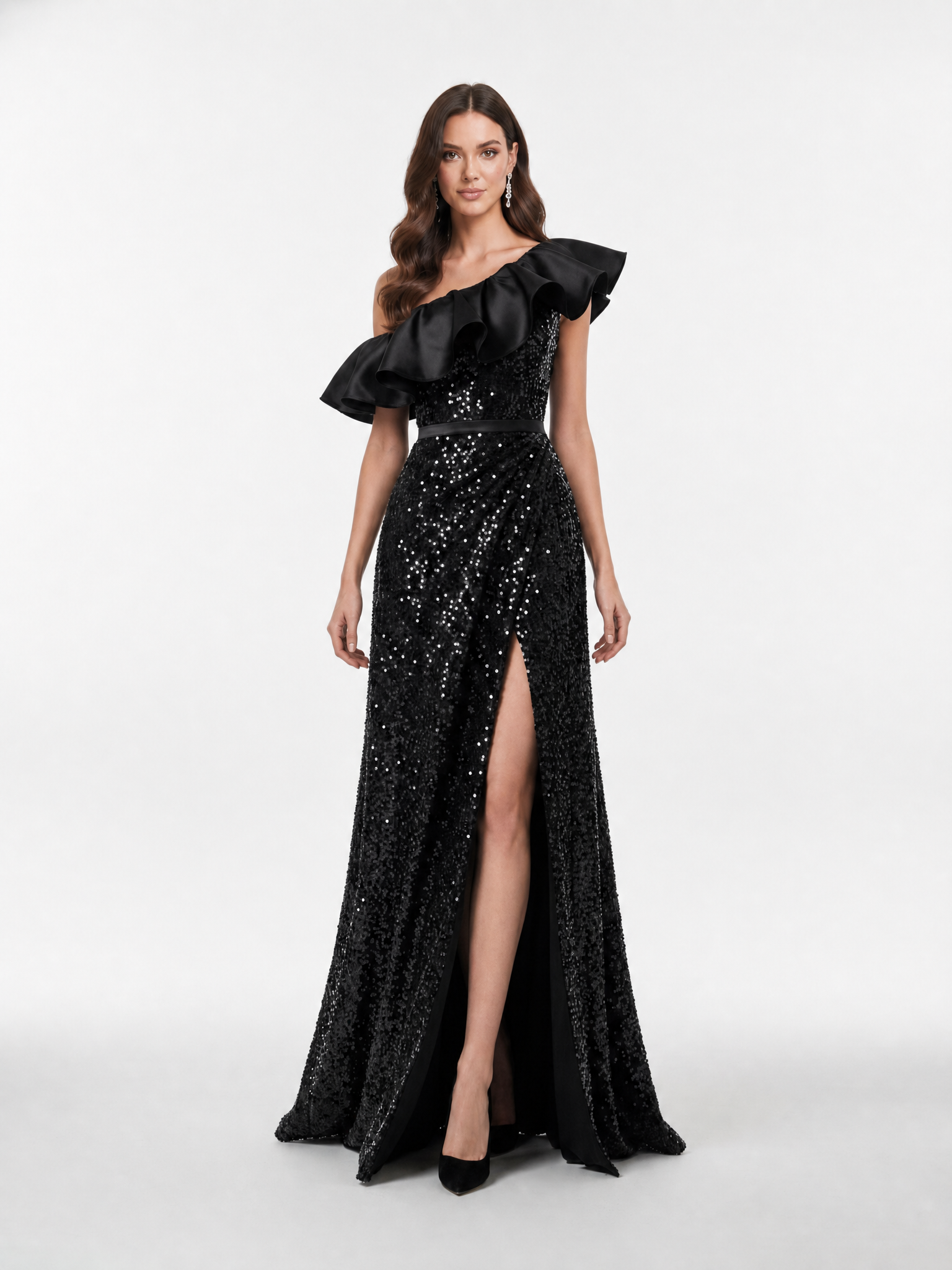 Black One-Shoulder Satin Ruffle Sequin Mermaid Gown with Slit