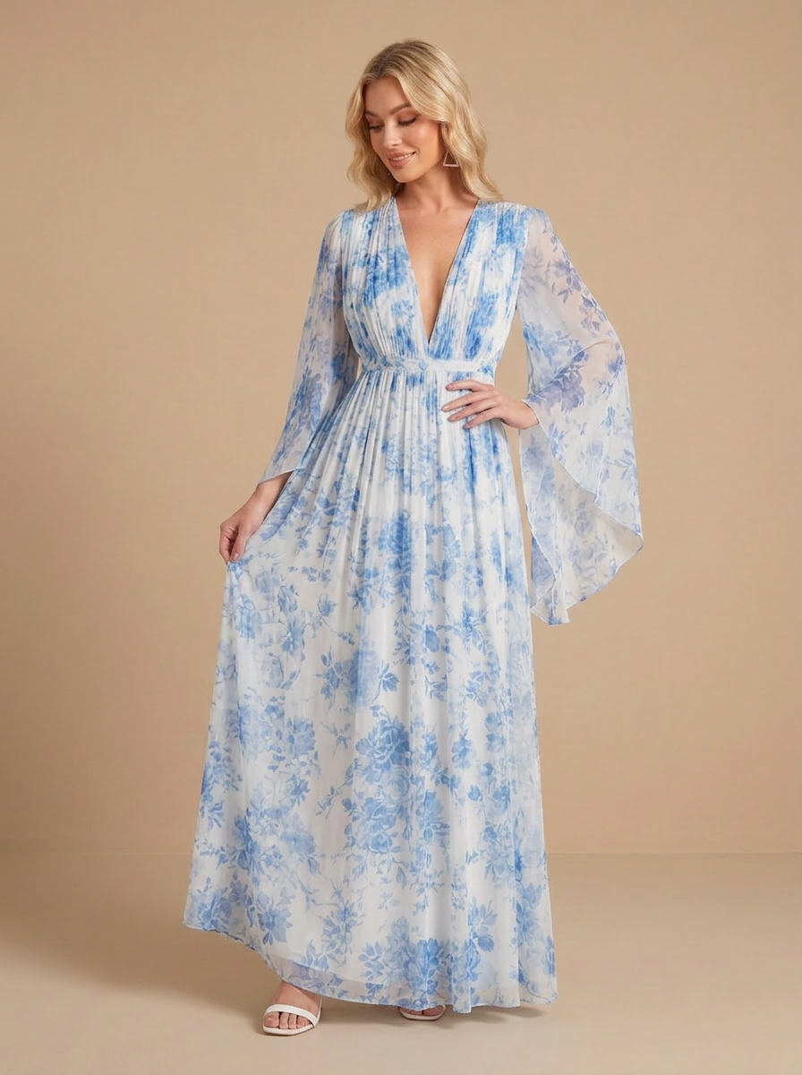 Blue & White Floral Print Deep V-Neck Bell Sleeve Chiffon Maxi Dress