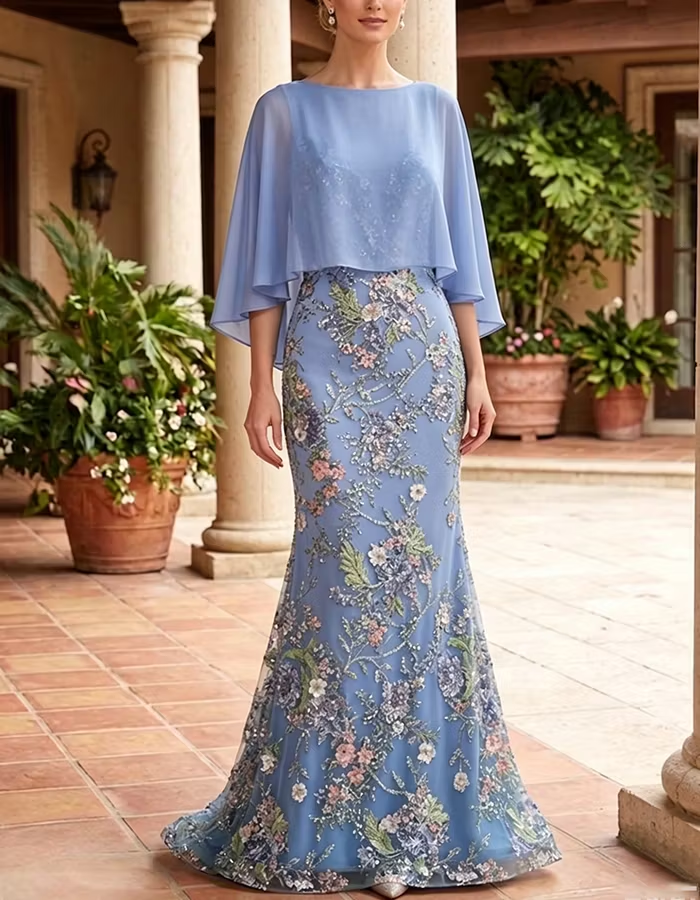Light Blue Boat Neck Chiffon Cape Overlay Maxi Dress