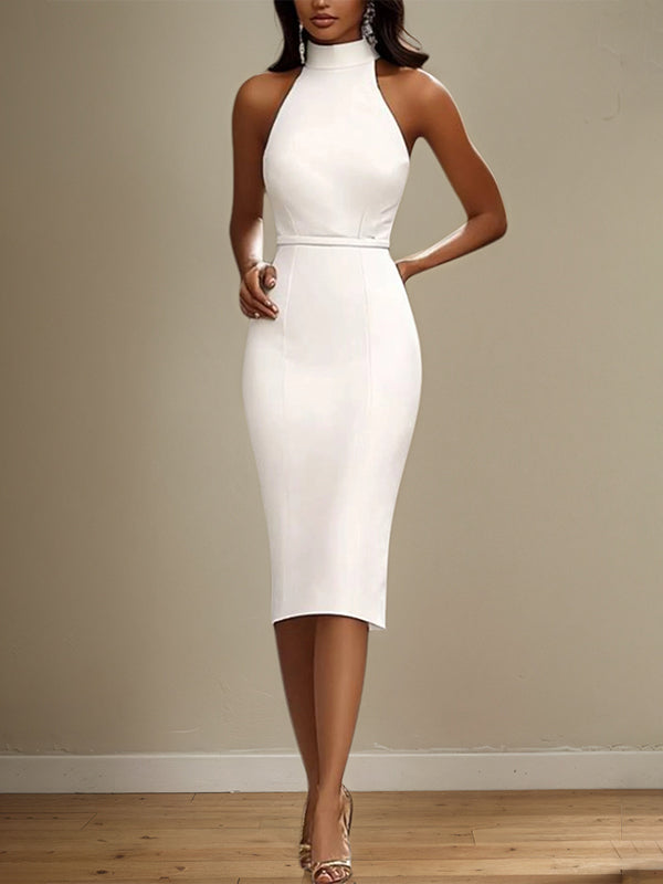 Semi-Formal Party Dress White Halter Neck Tea Length Dress