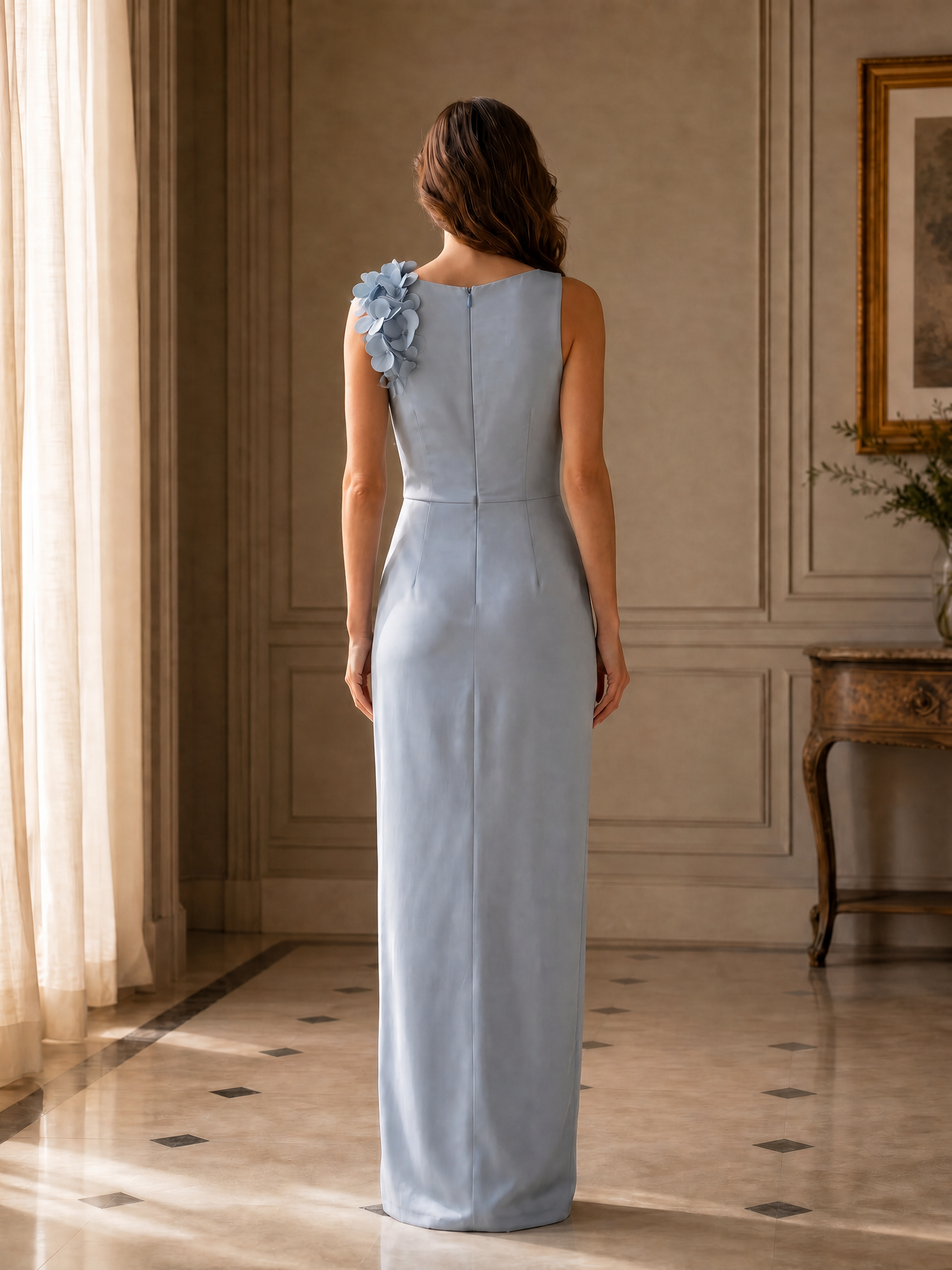 Dusty Blue Asymmetrical Neck 3D Floral Sheath Maxi Dress