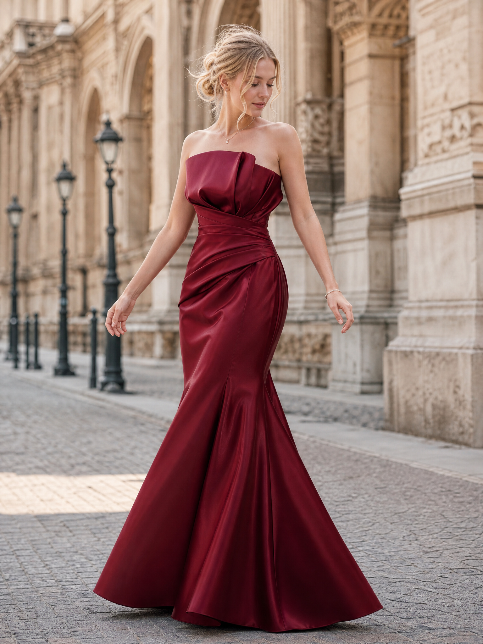 Burgundy Strapless Fold Ruched Mermaid Maxi Dress