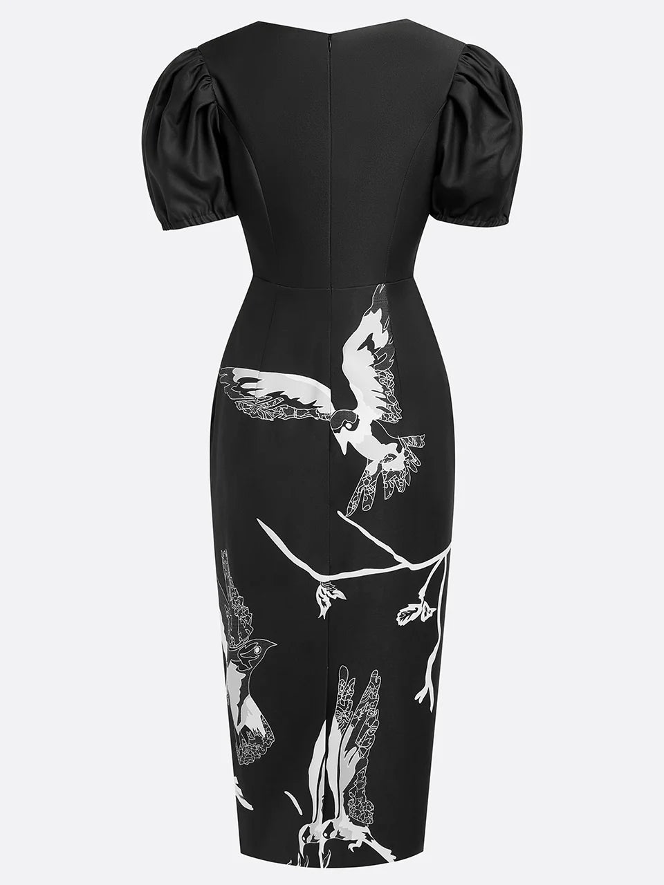 Black Folds V Neck Puff Sleeve Midi Sheath Dress