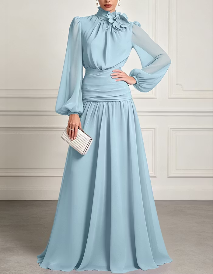 High-Neck Chiffon A-Line Maxi Dress