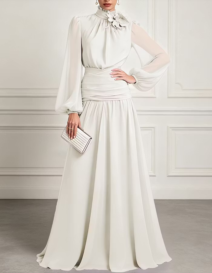 High-Neck Chiffon A-Line Maxi Dress
