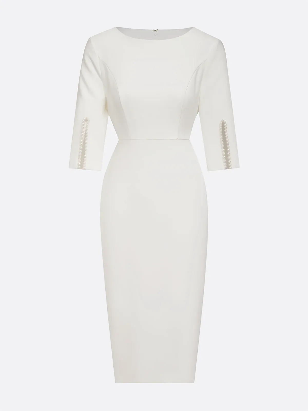 White Imitation Pearls Classic Crew Neck Half Sleeve Sheath Midi Dress