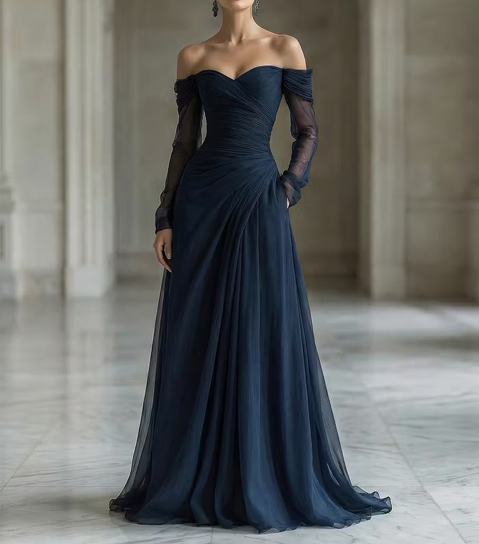 Navy Blue Chiffon Off-shoulder Long Sleeve Maxi Dress