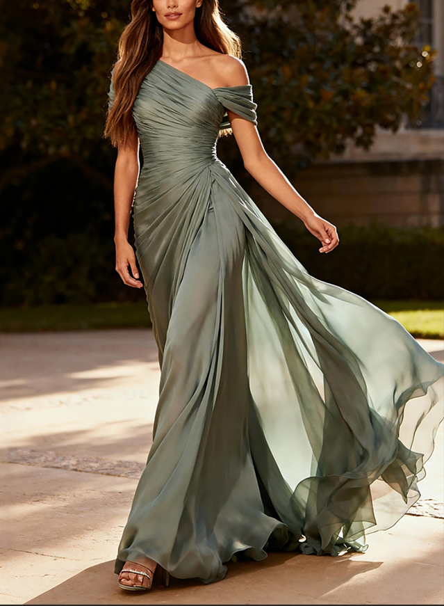 Sage Green Chiffon A Line Ruched Maxi Dress With Side Cape