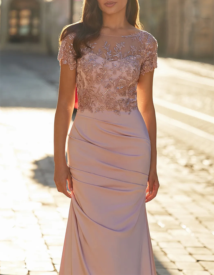 Blush Pink Beaded Lace & Satin Mermaid Maxi Dress