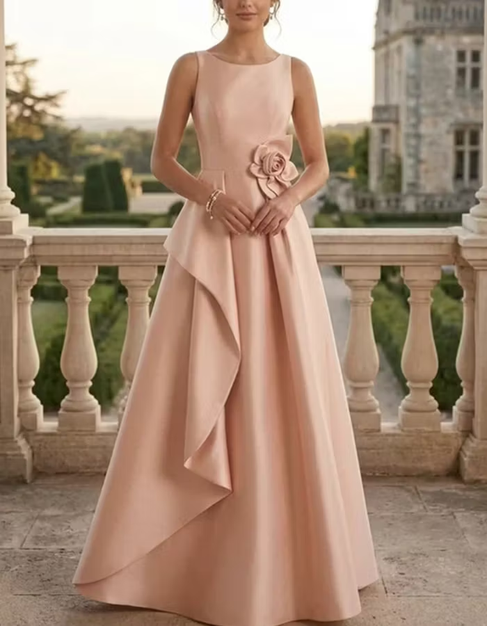 Pink Satin Round Neck A-Line Maxi Dress