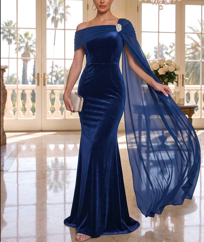 Royal Blue Velvet Off-the-Shoulder Evening Dress with Sheer Chiffon Cape