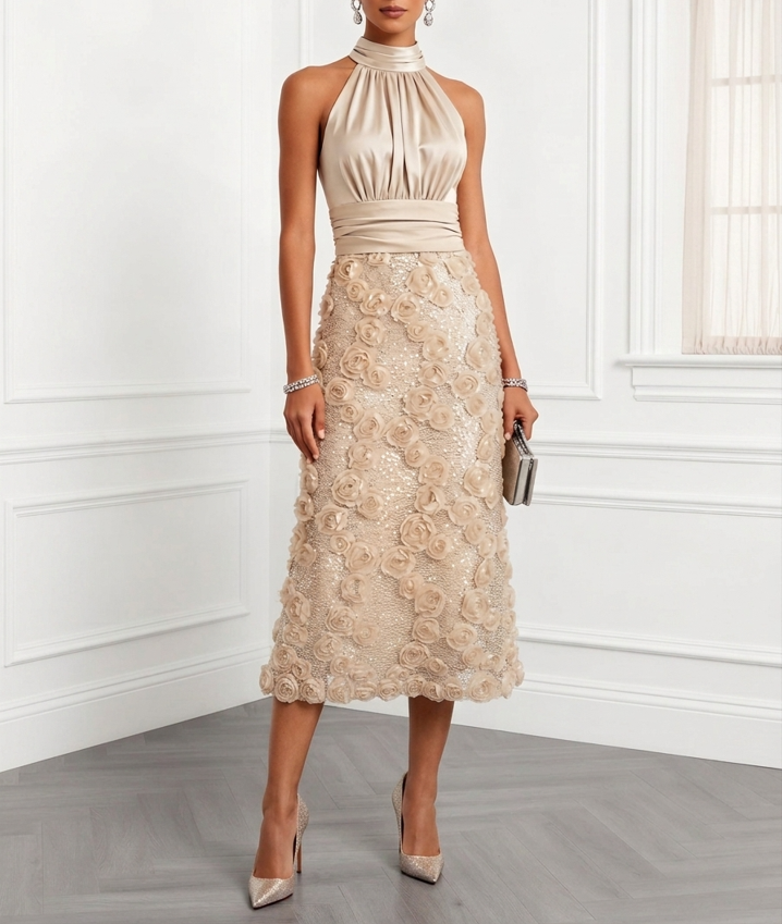 Champagne 3D Floral Sleeveless A-Line Midi Dress