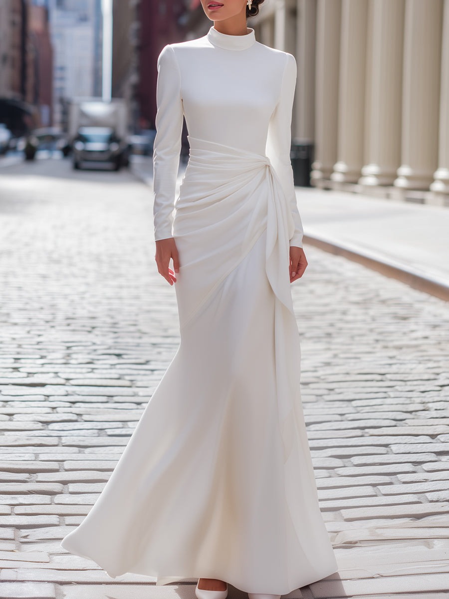 Elegant High-Neck Draped Waist Long Evening Gown