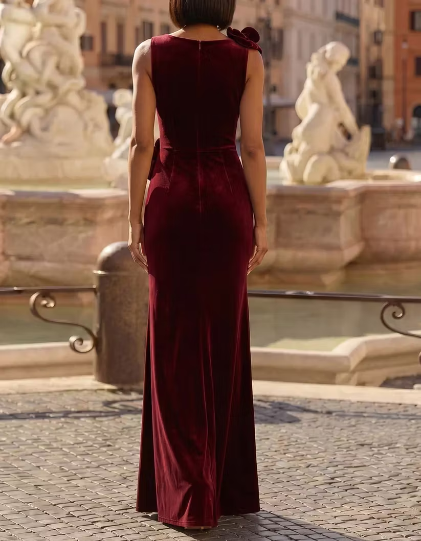 Burgundy Velvet Boat Neck Floral Fishtail Slit Maxi Dress