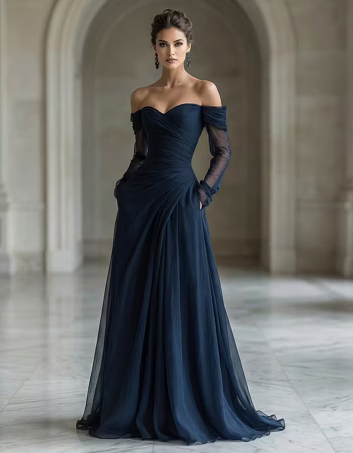 Navy Blue Chiffon Off-shoulder Long Sleeve Maxi Dress