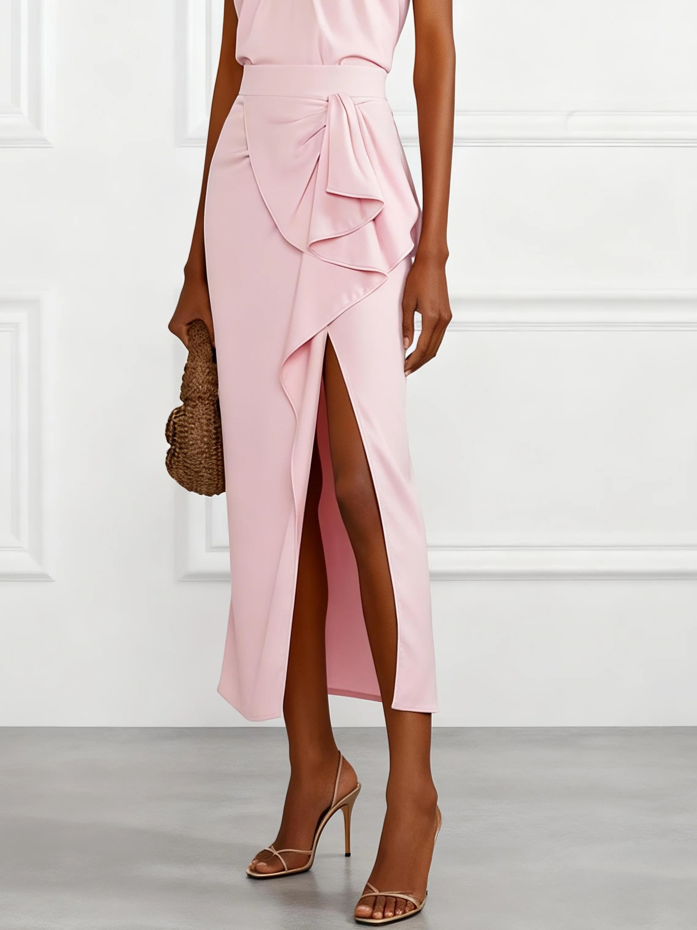 Women Pink Ruffled Slit Halter Sleeveless Elegant Top With Skirt Two-Piece Set