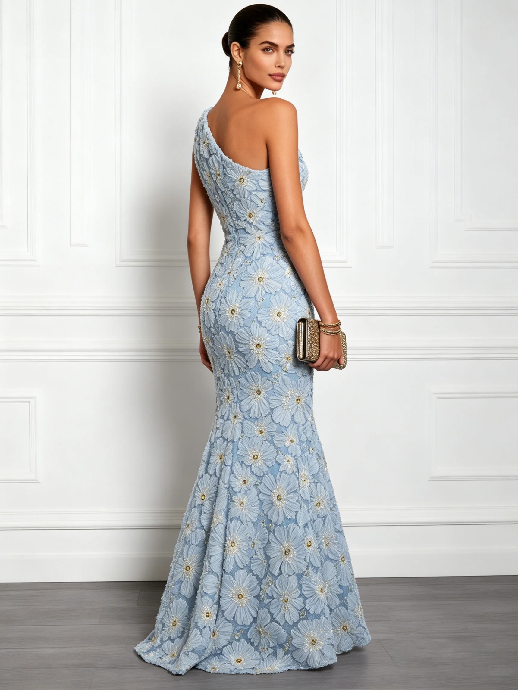 Light Blue Jacquard Beaded 3D Floral Lace One Shoulder Sleeveless Mermaid Gown Dress