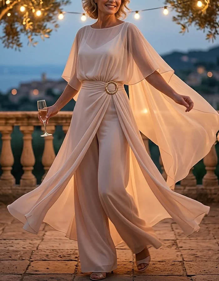 Elegant Chiffon Cape Sleeve Belted Wide Leg Jumpsuit