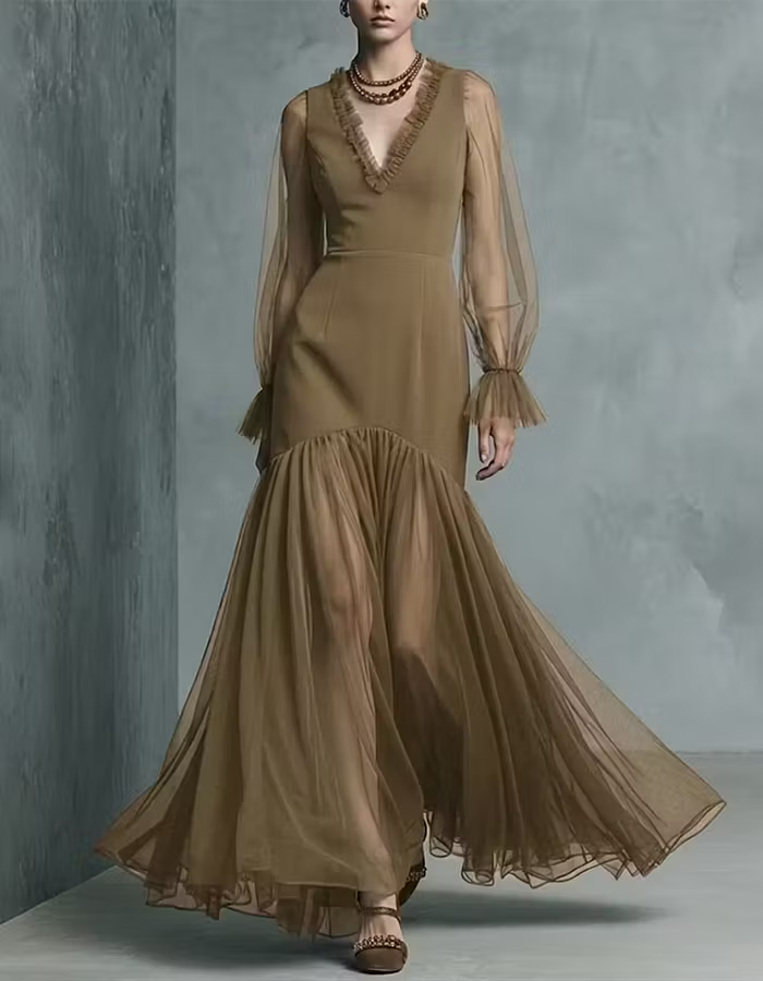 Navy Blue Sheer Tulle Mermaid Maxi Dress