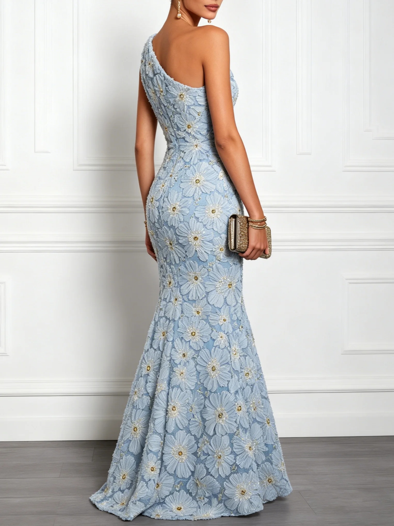 Light Blue Jacquard Beaded 3D Floral Lace One Shoulder Sleeveless Mermaid Gown Dress
