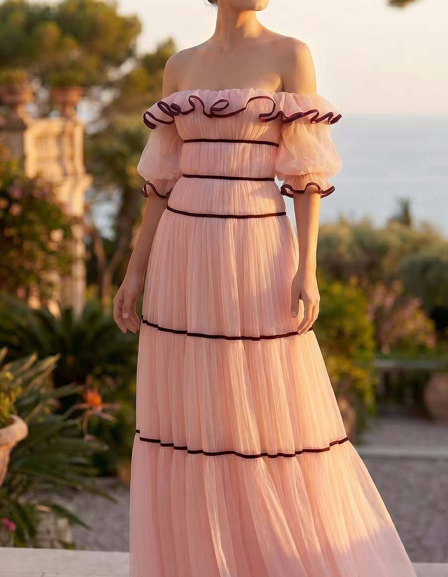 Pink Chiffon Off-Shoulder Layered Black Trim Maxi Dress