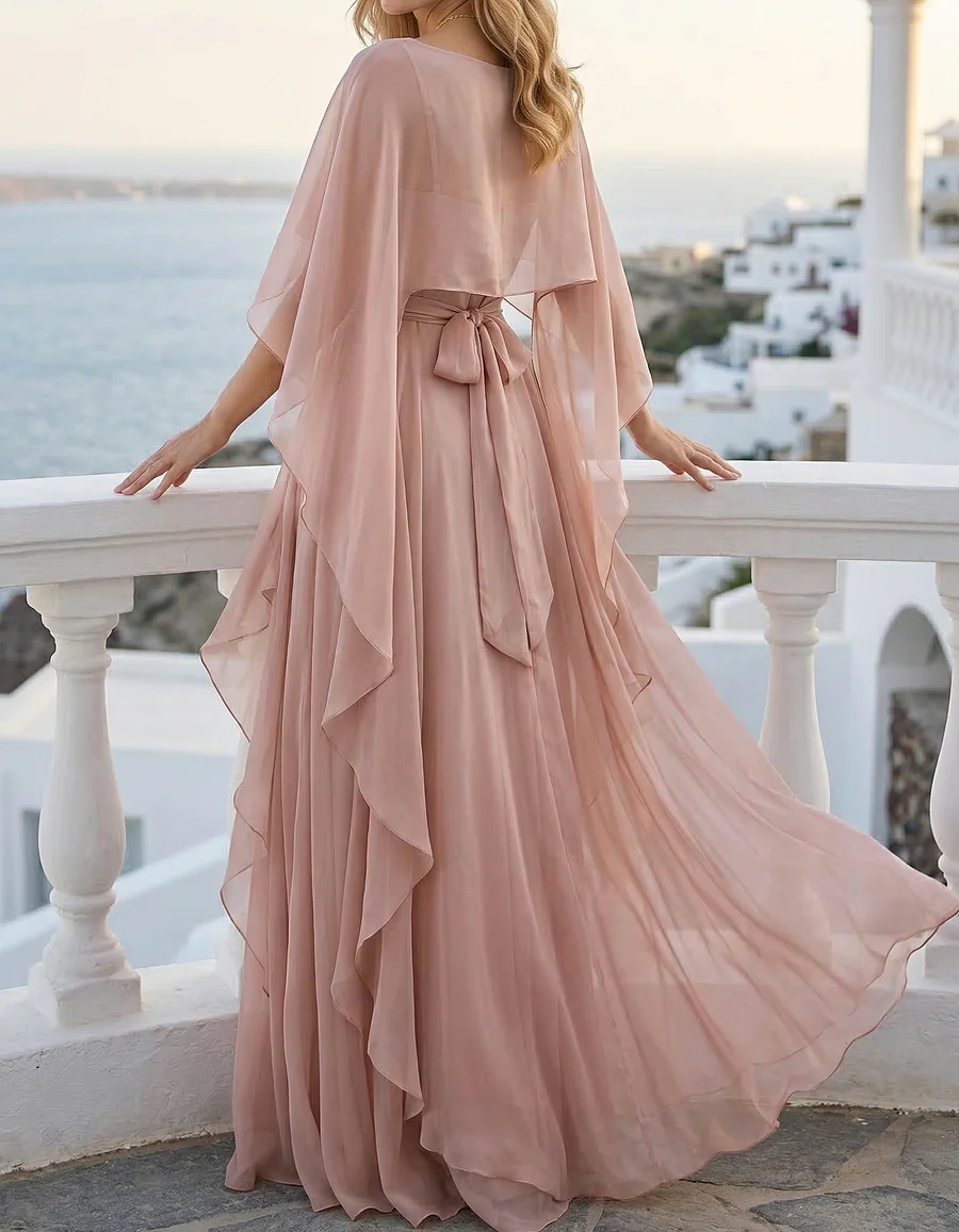 Pink Chiffon Round Neck Shawl Two-Piece Maxi Dress