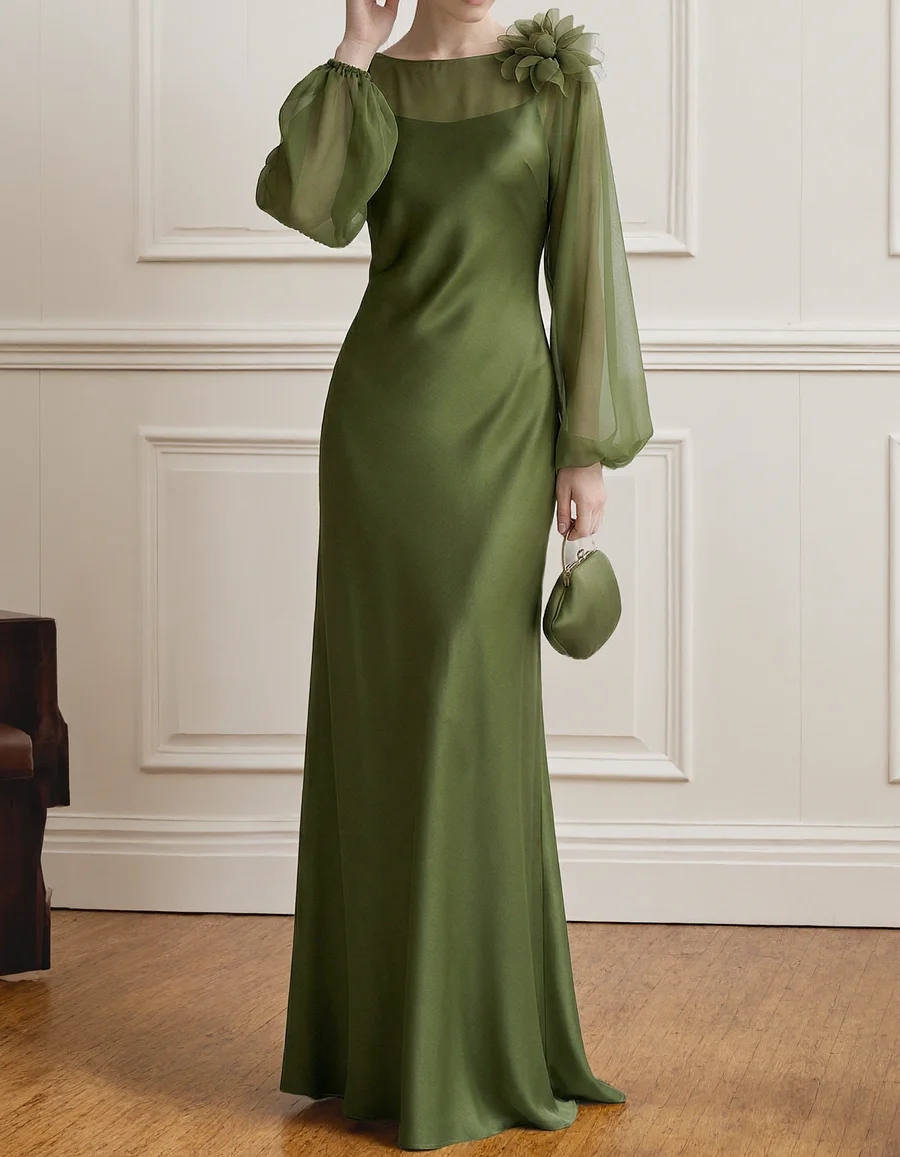 Green Chiffon Paired Satin Camisole Flowers Maxi Dress