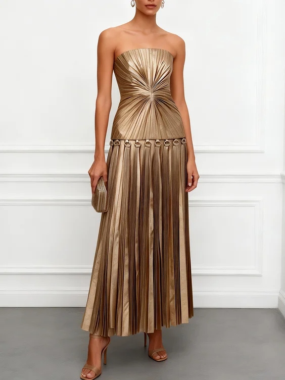 Golden Pleated Grommets Satin Strapless Sleeveless A-Line Maxi Dress