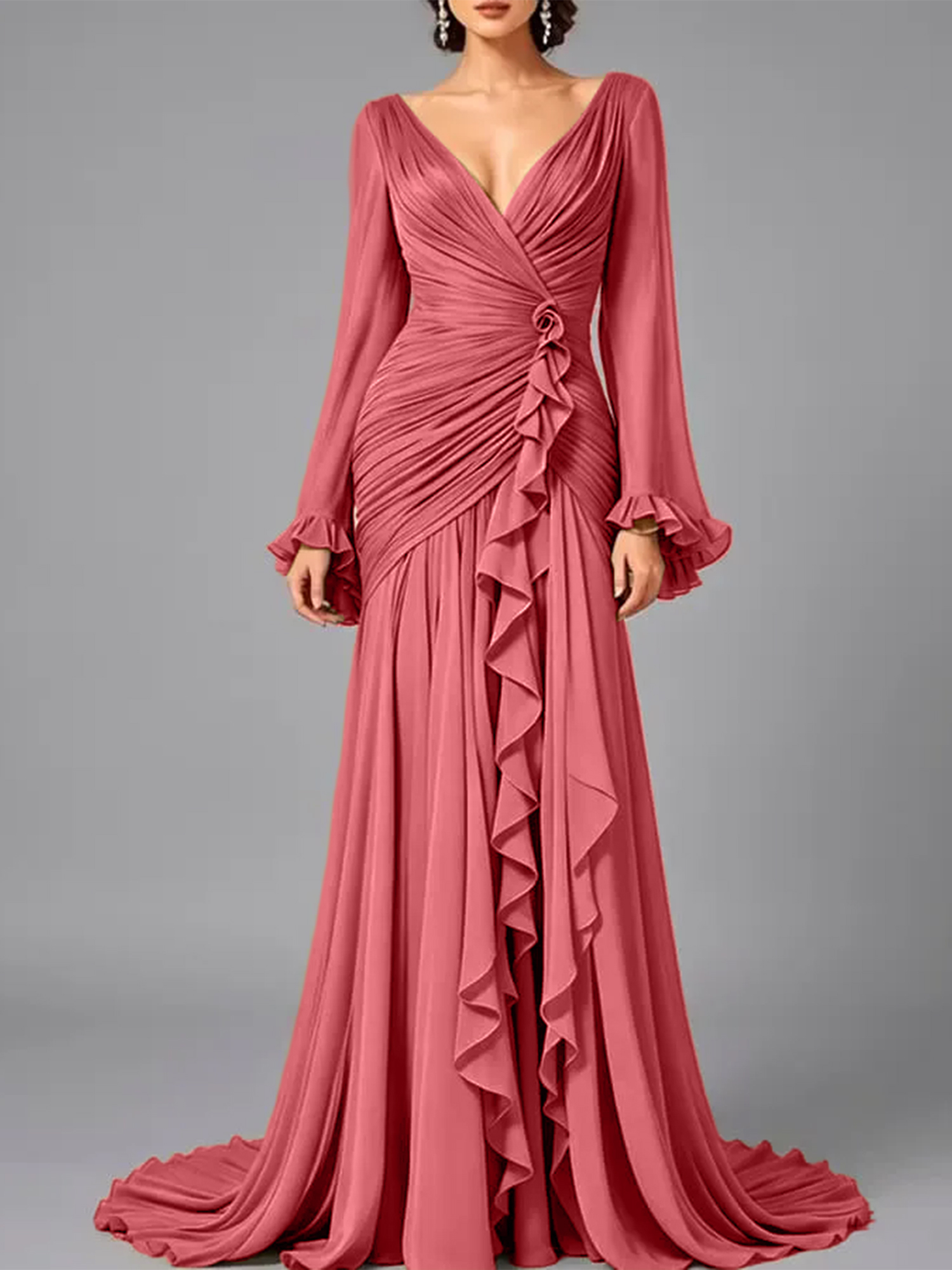 V-Neck Sheer Long Sleeve Ruffled Chiffon Dress
