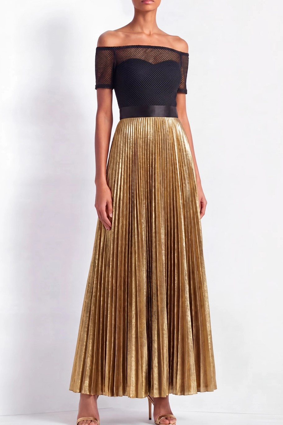 Golden Metallic Off-the-shoulder Maxi Dress