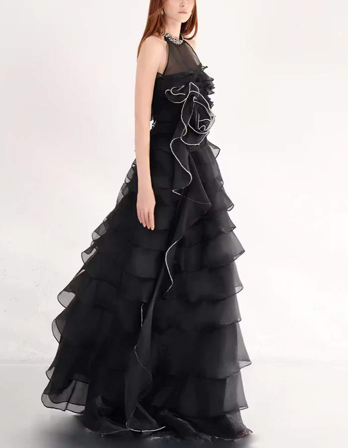 Black A-line Ruffled Layered Organza Maxi Dress