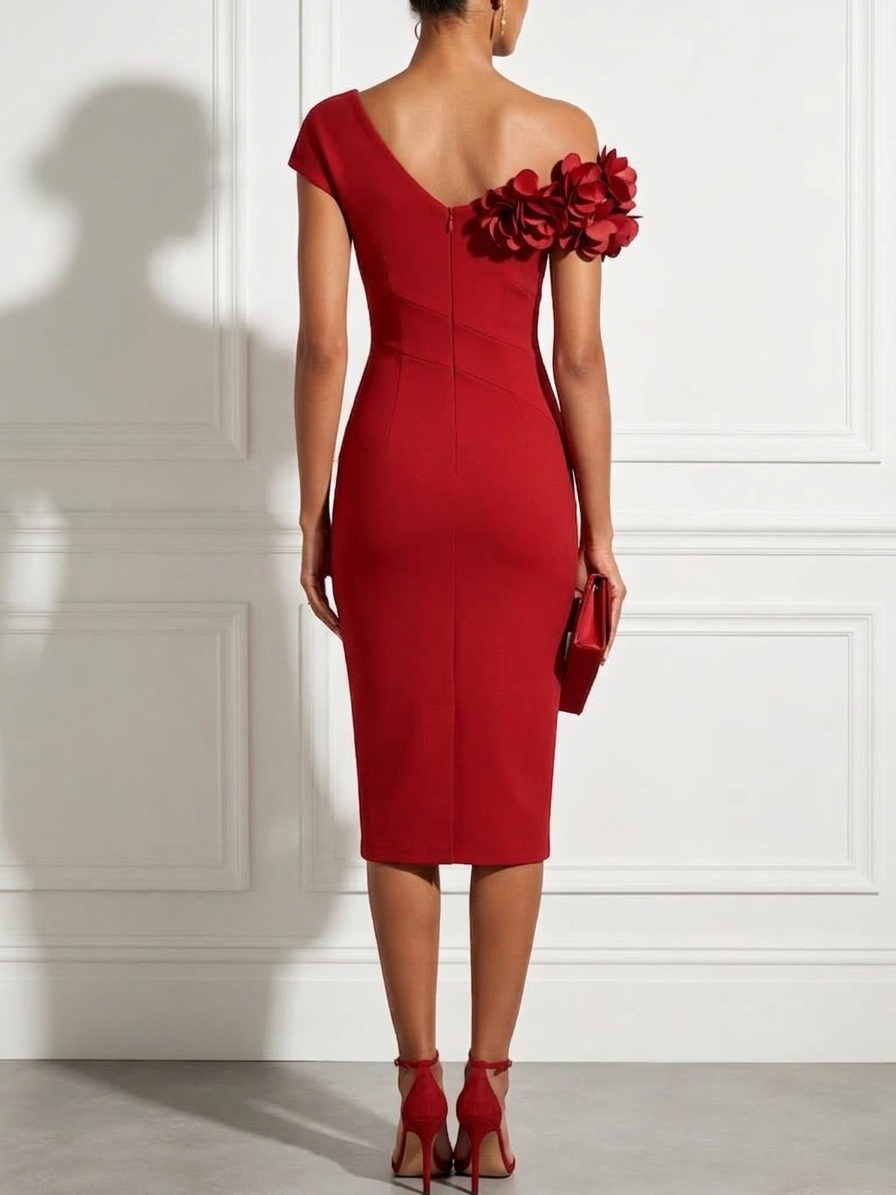 Red Asymmetrical Sleeveless Sheath Midi Dress with 3D Floral Applique