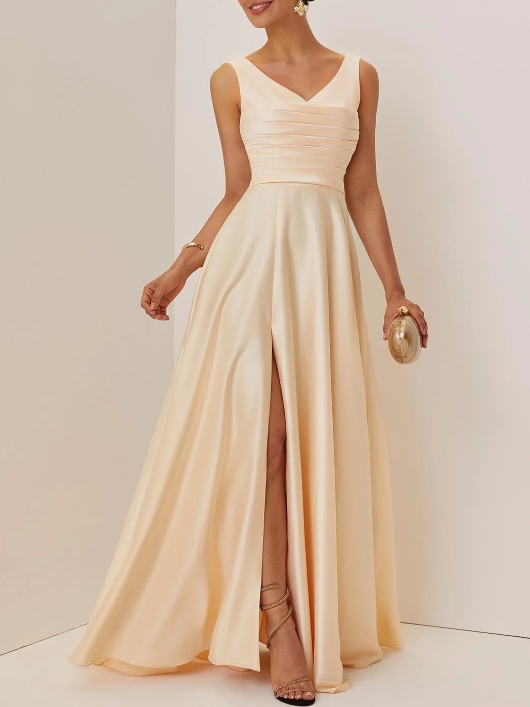 Champagne Ruched Slit Satin V Neck Sleeveless A-Line Maxi Bridesmaid Dress