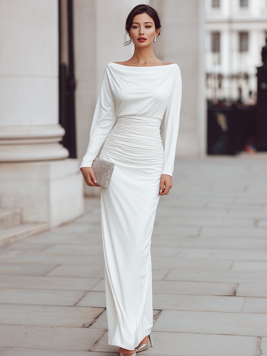 White Draped Boat Neck Ruched Waist Maxi Dress