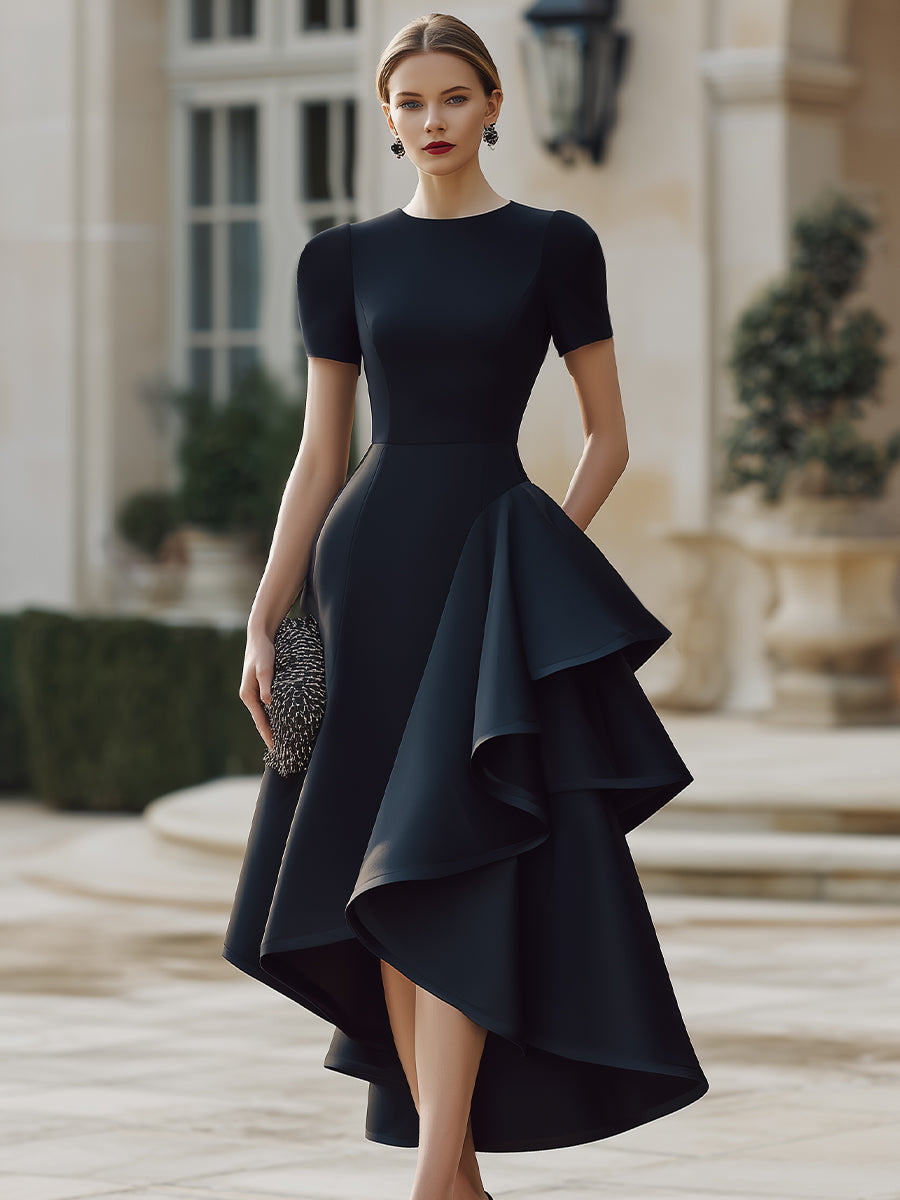 Black Sculpted Asymmetric Ruffle Midi Dress