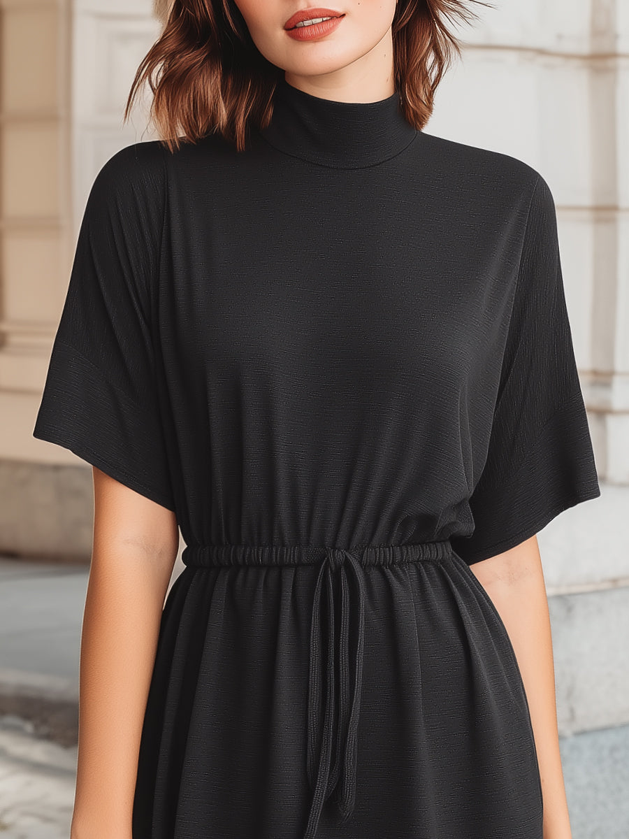 High-Neck Dolman Sleeve Drawstring Midi Dress