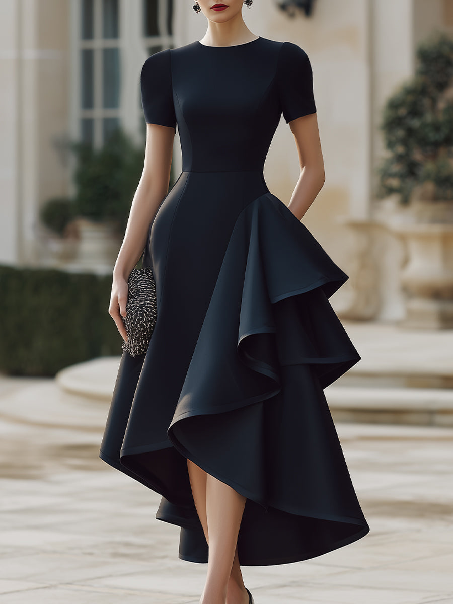Black Sculpted Asymmetric Ruffle Midi Dress