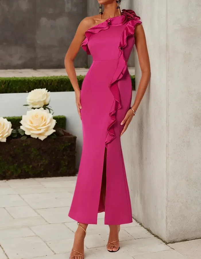 Hot Pink Blended One-Shoulder Ruffle Trim Midi Dress