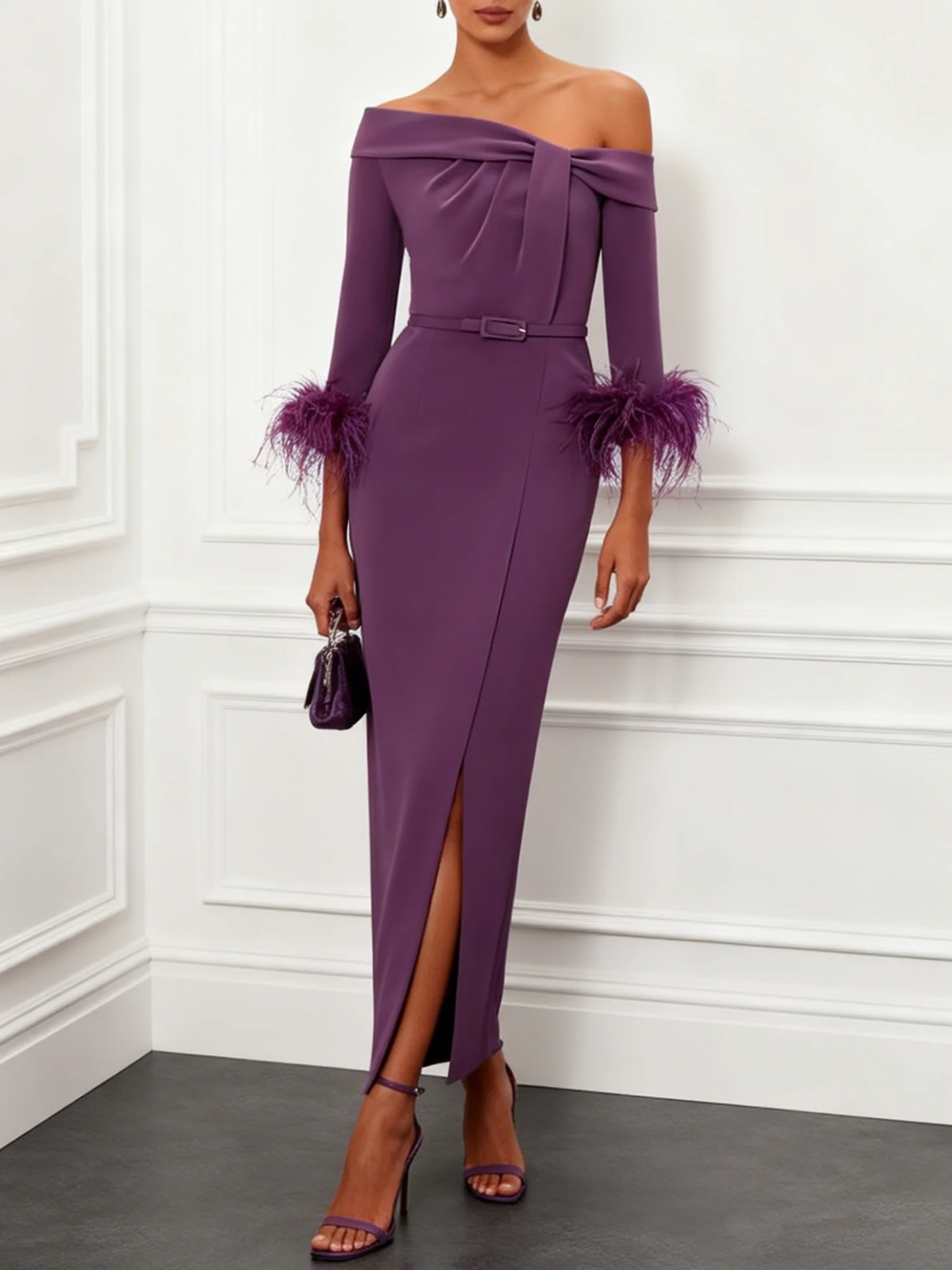 Purple Off Shoulder Feather Cuff Belted Maxi Dress