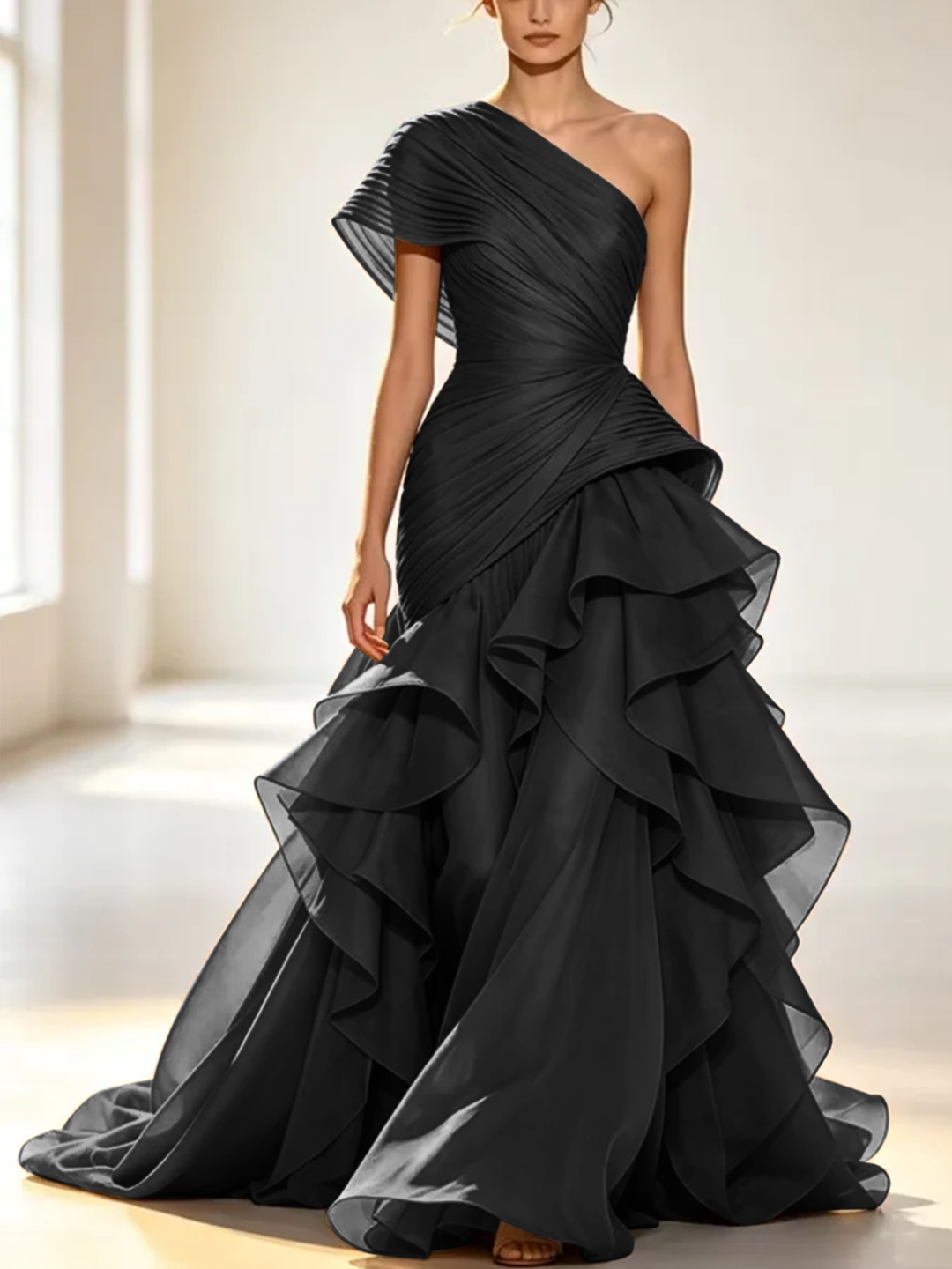 Grey One-Shoulder Pleated Organza Maxi Dress with Tiered Ruffle Skirt