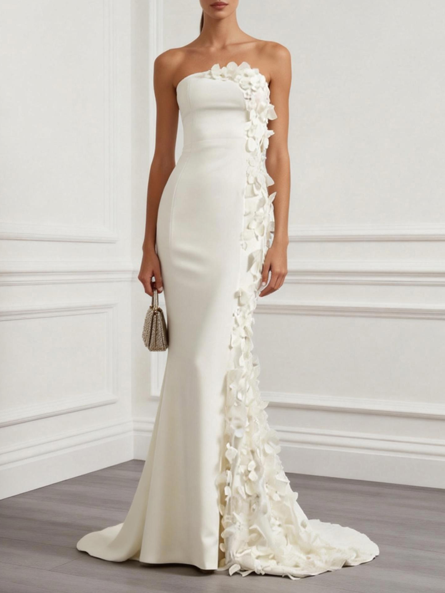 Strapless Mermaid Wedding Dress with Asymmetrical Cascading 3D Floral Appliques