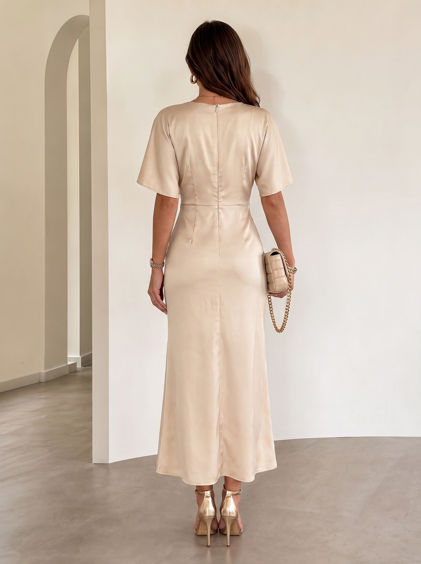 Champagne Satin V Neck Twist Waist Flutter Sleeve Midi Dress