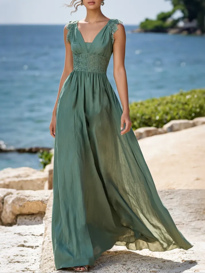 Linen Maxi Dress, Sleeveless, V neck, Plain, Vintage, Cyan
