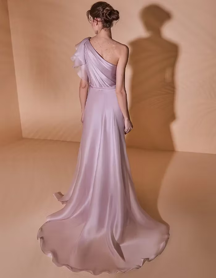 Lavender One-Shoulder Ruffled Draped Maxi Dress
