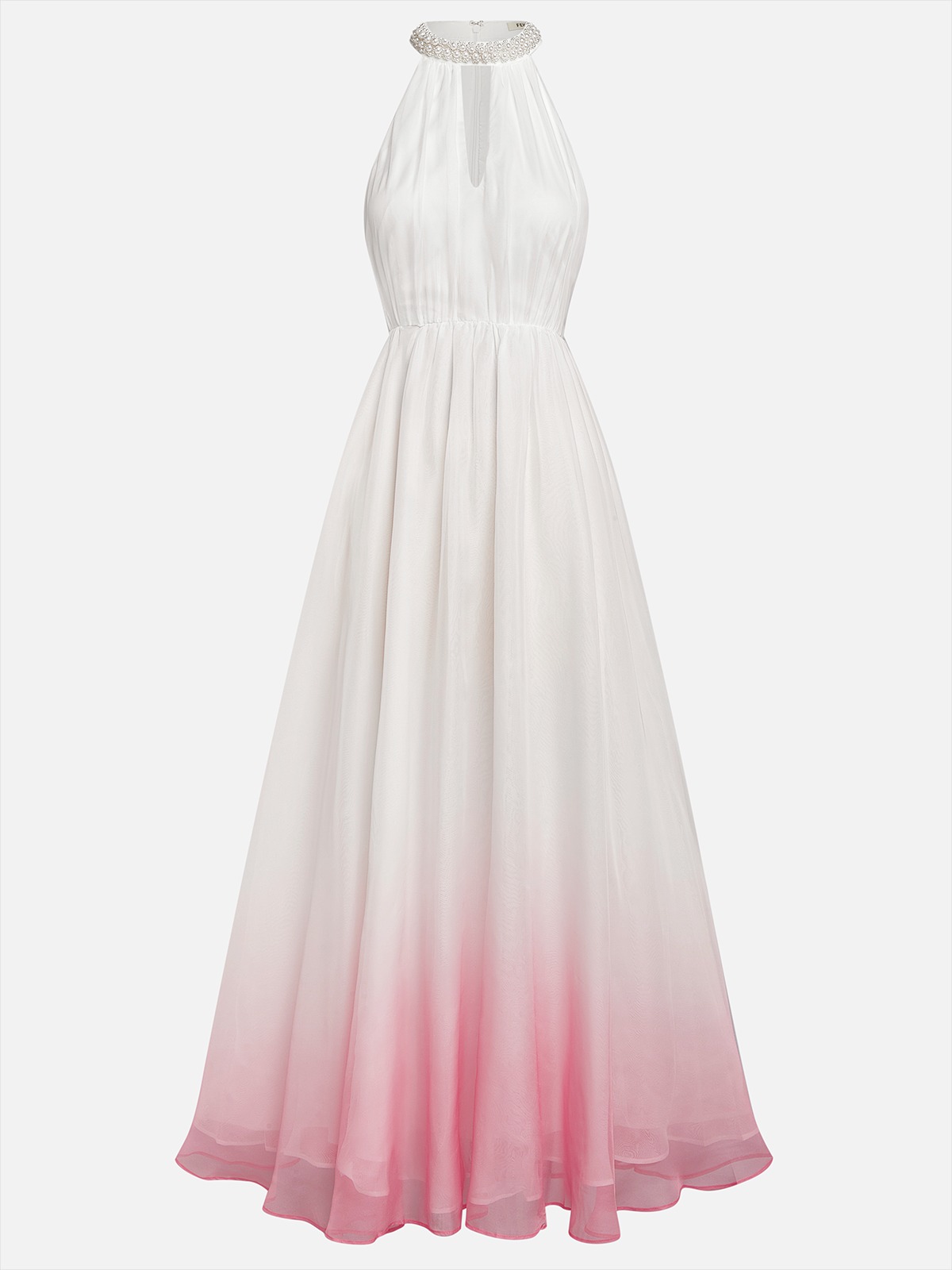 Pink Chiffon Halter Ombre Imitation Pearl Cut Out Sleeveless A-Line Mock Neck Maxi Dress