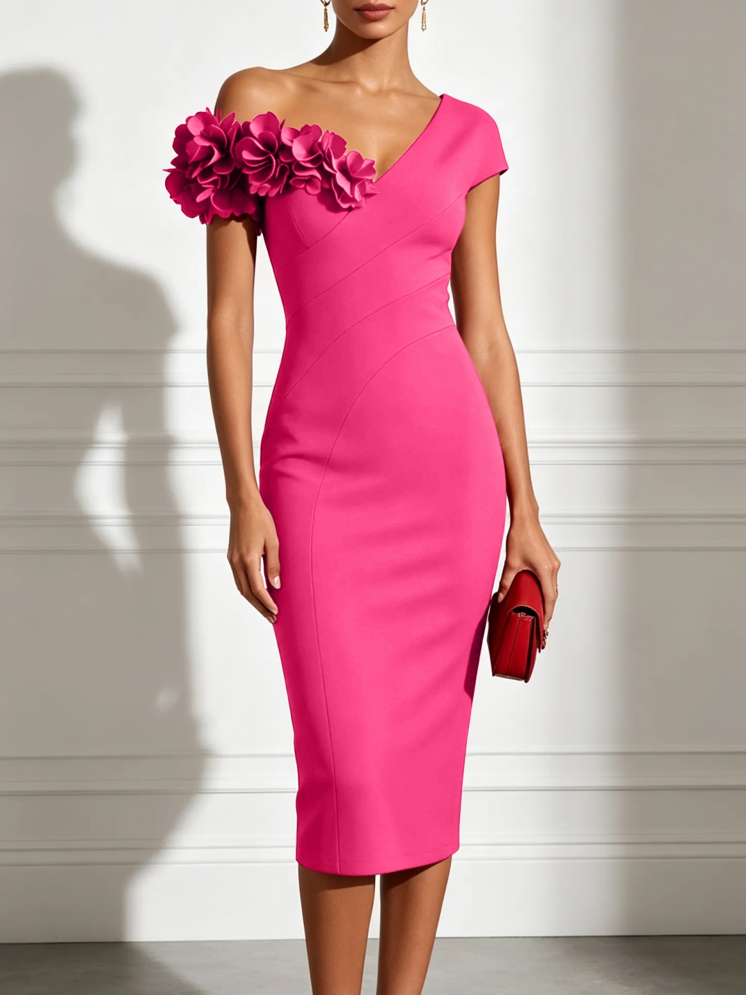 Red Asymmetrical Sleeveless Sheath Midi Dress with 3D Floral Applique