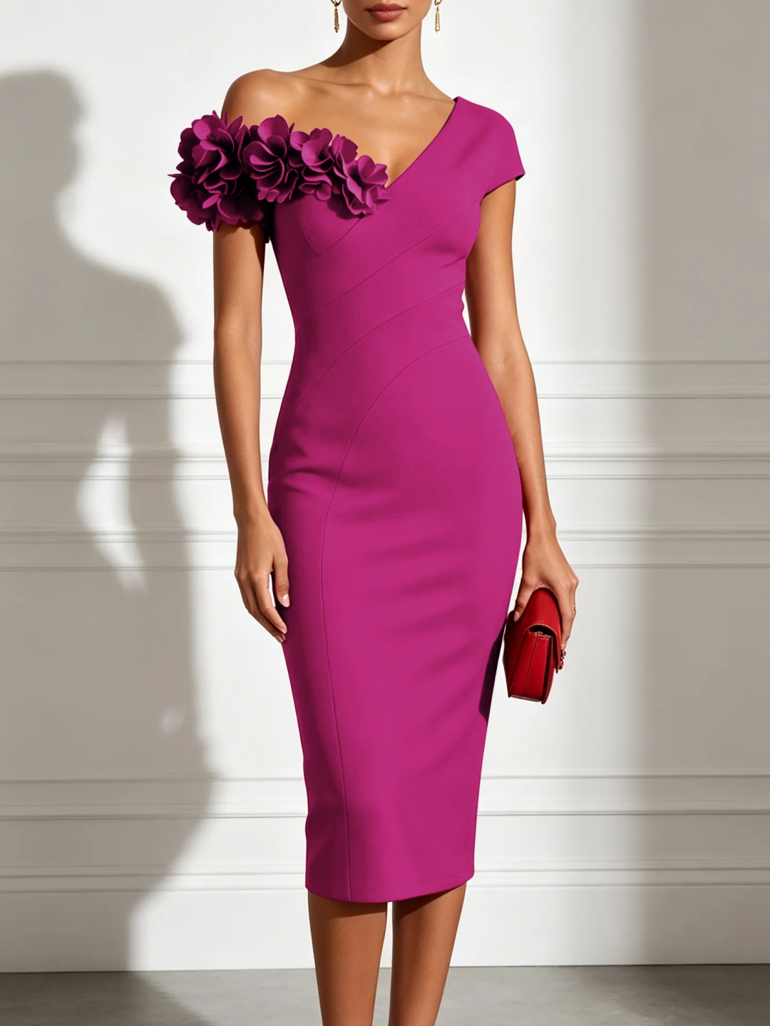 Red Asymmetrical Sleeveless Sheath Midi Dress with 3D Floral Applique