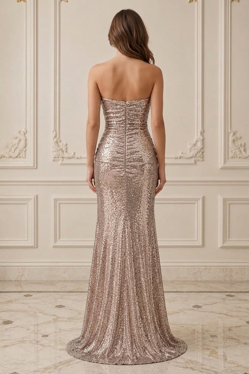 Rose Gold Sequin Strapless Ruched Mermaid Evening Dress With High Slit